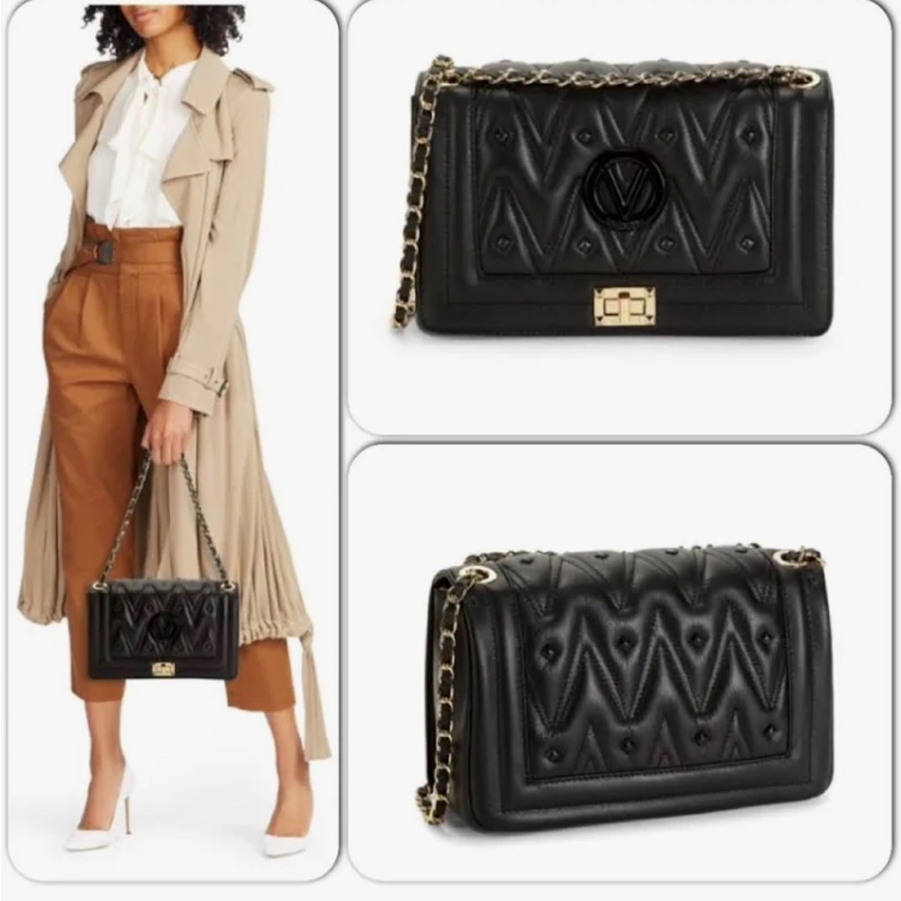 Valentino by MarioValentino:Black Diamond Leather Shoulder Bag w/Gld Chain Strap